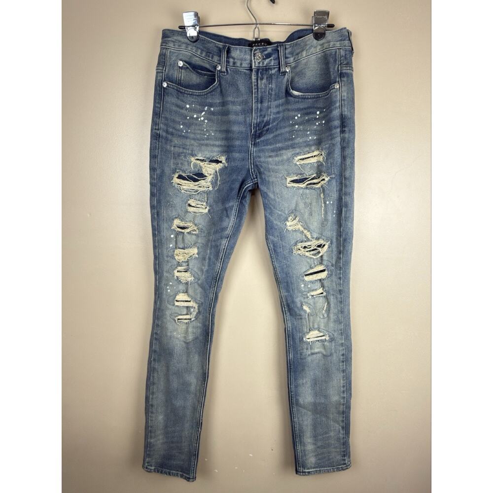 PacSun Stacked Slim Men’s Jeans Light Wash Distressed Ripped Paint Splatter 32